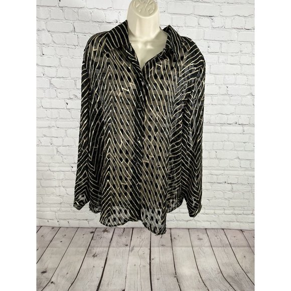 VTG Fitting Image Black Gold Sheer Metallic Shoulder Pad Button Up Tunic 18 - Picture 1 of 10